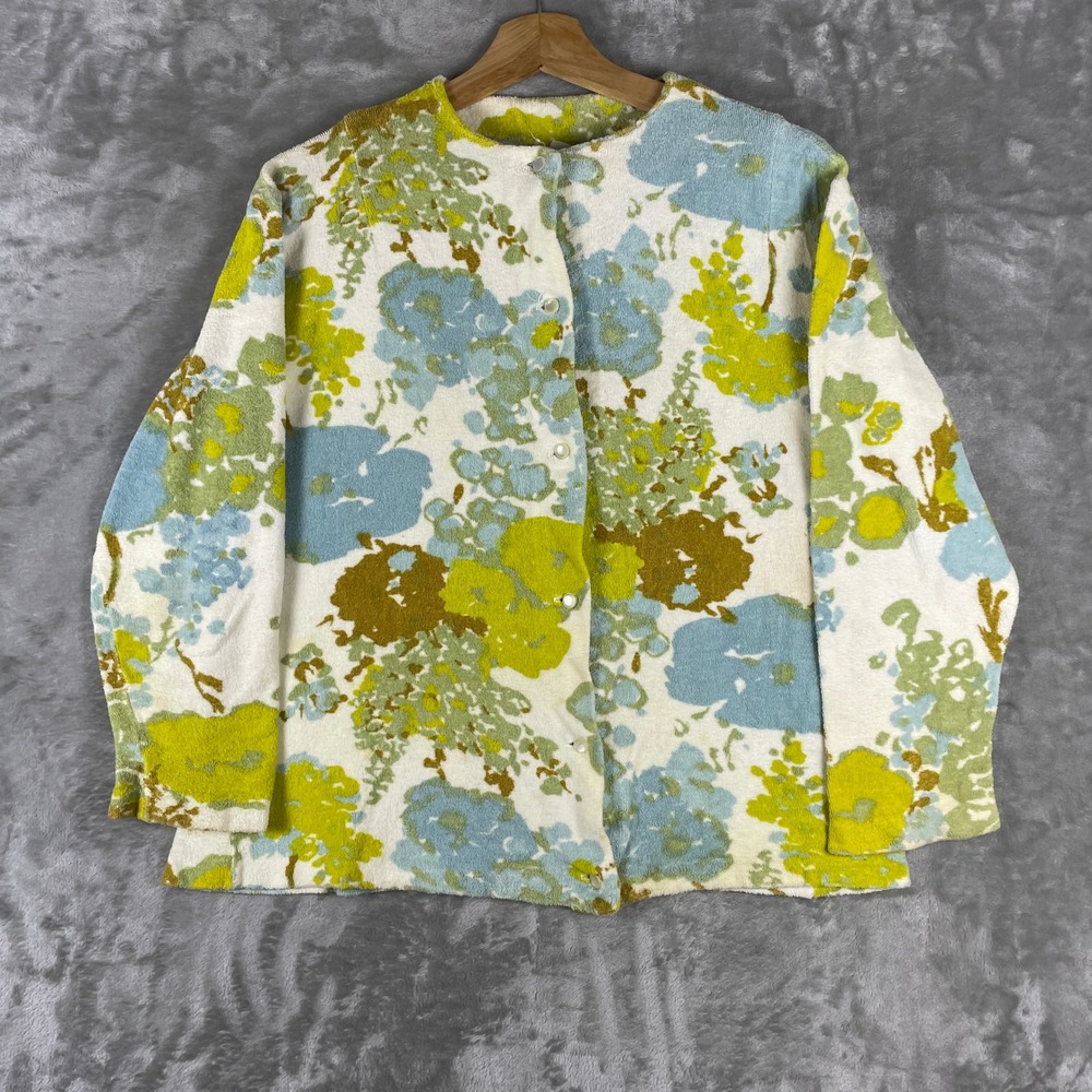 Vintage 50s White Stag Cardigan Women M Multicolor Floral Terry Cloth Knitabouts
